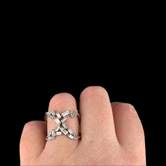 Silver Emerald Diamond Baguette Cubic Zirconia X Shape Ring Size 7 Size 8 - Picture 13 of 17